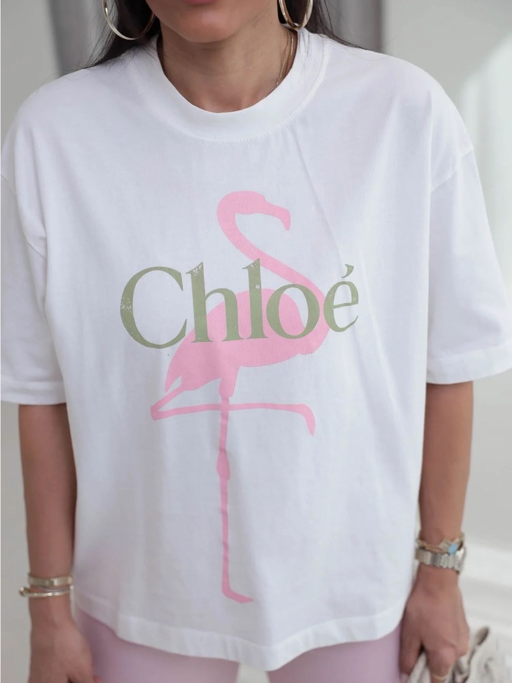 White Tee with Pink Flamingo Graphic